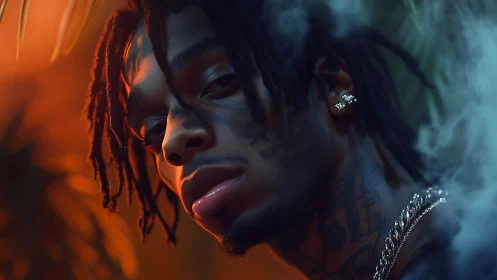 Portrait shows tattooed man with dreadlocks in moody colored light