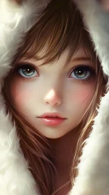 Girl in white fur hood gazes forward with luminous eyes