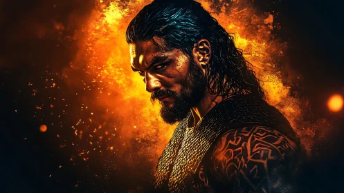 Warrior portrait with fiery bokeh and molten orange aura.