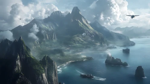 Mountainous Island Landscape with Naval and Aerial Activity.
