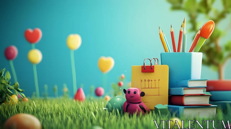 Study objects and toys in stylized grassy outdoor scene.