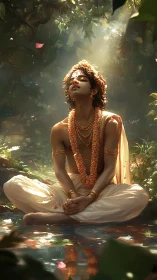 Divine male yogi meditating in sunlit forest beside water