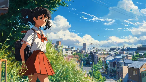 Schoolgirl on hillside path above bright summer cityscape.