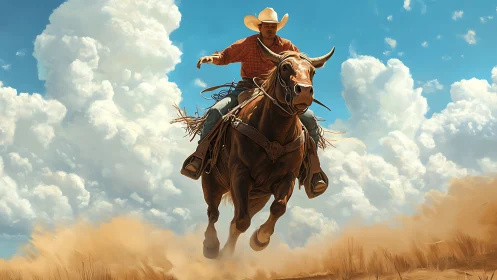 Cowboy in mid-gallop on brown horse under towering cumulus sky