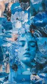 Cerulean dreamscape portrait in fragmented oceanic collage.