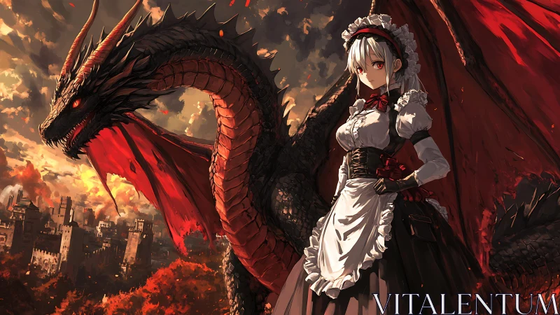 Dragon-backed gothic maid stands over burning medieval cityscape