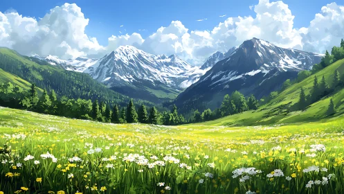 Sunlit alpine meadow unfolding beneath snowcapped summits.