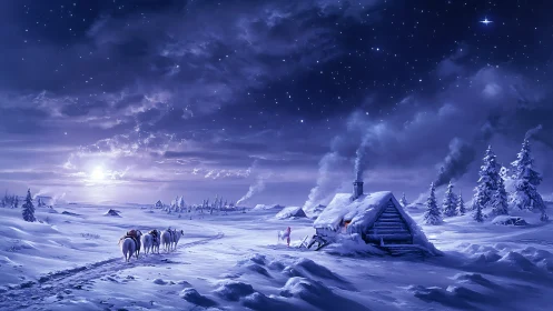 Midnight caravan curls through starlit snow toward hearthlight
