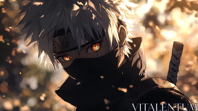 Masked silver ninja under ember-lit forest dusk gaze.