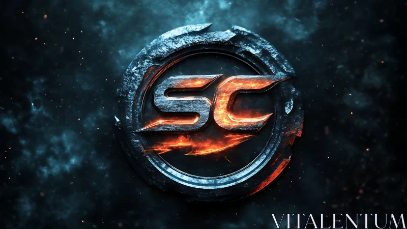 Molten SC emblem embedded in corroded metallic ring under volumetric glow
