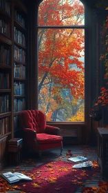 Autumn library window brews a quiet storm of crimson stories