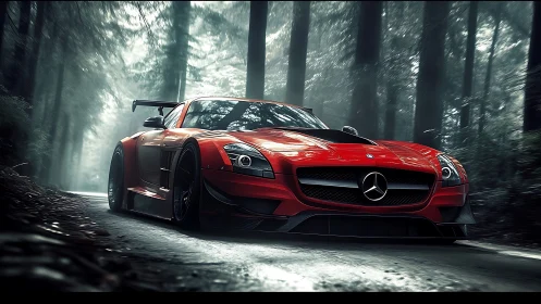 Photorealistic red supercar in dynamic forest road perspective.