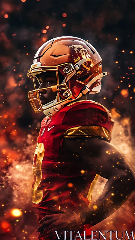 Side profile of football player in helmet with fiery effects.