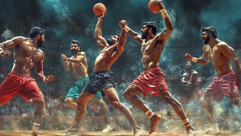 Dust-streaked court warriors collide in a storm of motion.