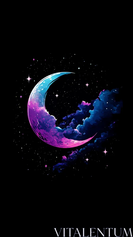 Neon crescent moon over cosmic clouds in deep space.