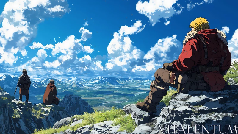 Three figures observe expansive mountain plain under clouds