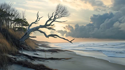 Windswept Coastal Tree at Sunrise in Dramatic Realism Style.