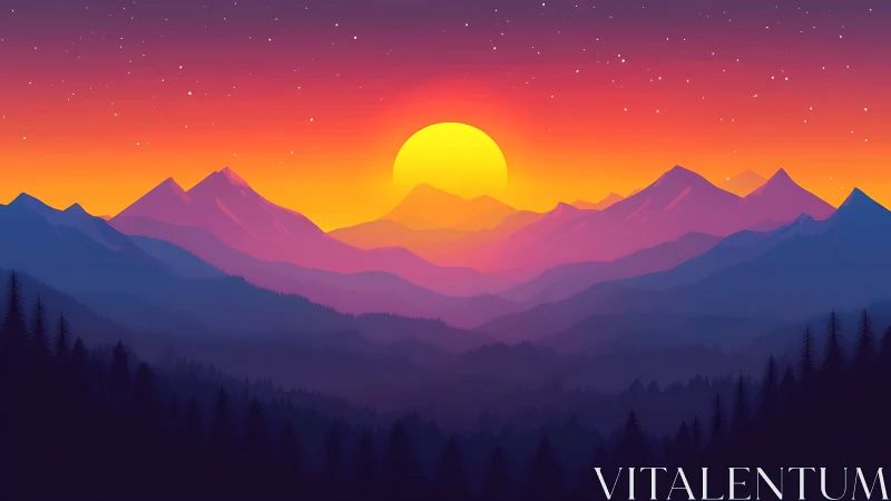 Sun sets behind layered mountains under gradient sky