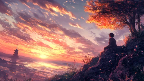 Solitary figure on cliff observing structured sunset horizon.