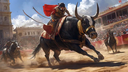 Bull-mounted warrior charges through sunlit arena dust.