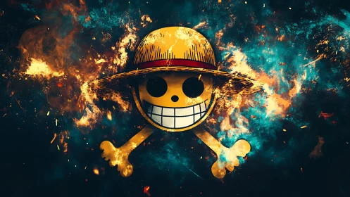 Straw hat skull emblem exploding in fiery cosmic energy.