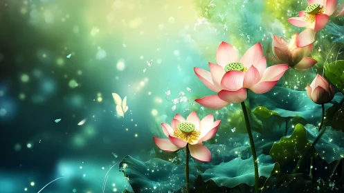 Pink Lotus Flowers in Glowing Water Garden.