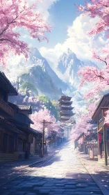 Cherry blossom avenue ascending toward misty mountain pagoda.