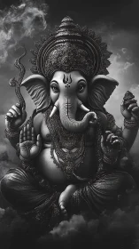 Gentle elephant-headed deity resting in swirling silver clouds.
