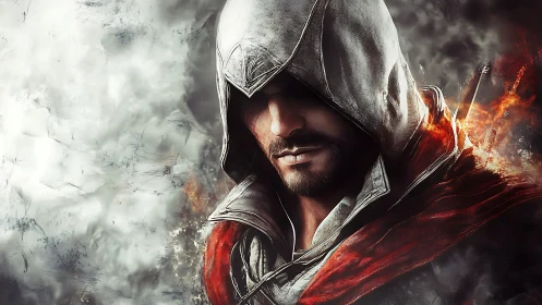 Hooded rogue portrait in burning crimson cloak detail.