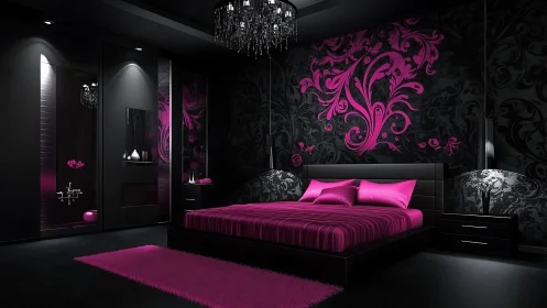 Modern black bedroom with bold magenta decor and lighting.
