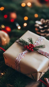 Rustic holiday gift rests among glowing Christmas lights.