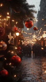 Red baubles along a glowing winter street at dusk.
