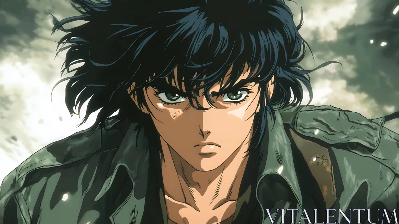 Wind-torn anime fighter under cinematic atmospheric turbulence.