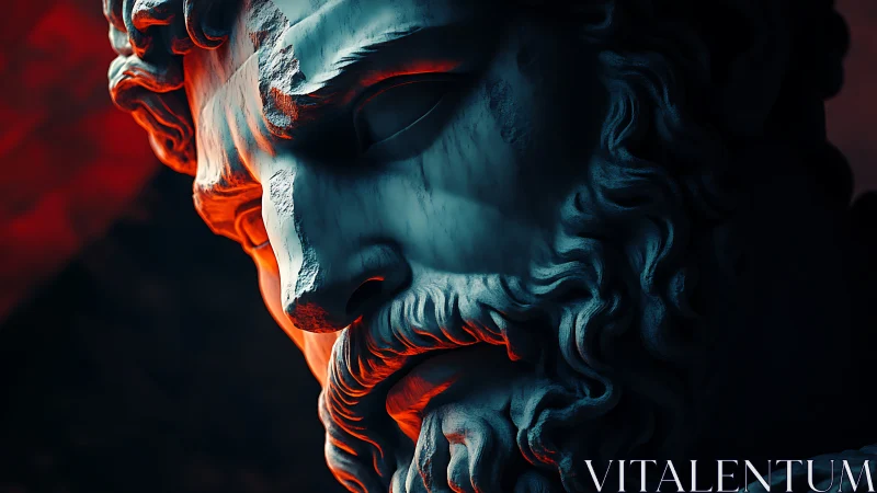 Classical bearded marble statue head in dramatic light.
