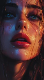Luminous wet portrait bathed in blue and ember light.