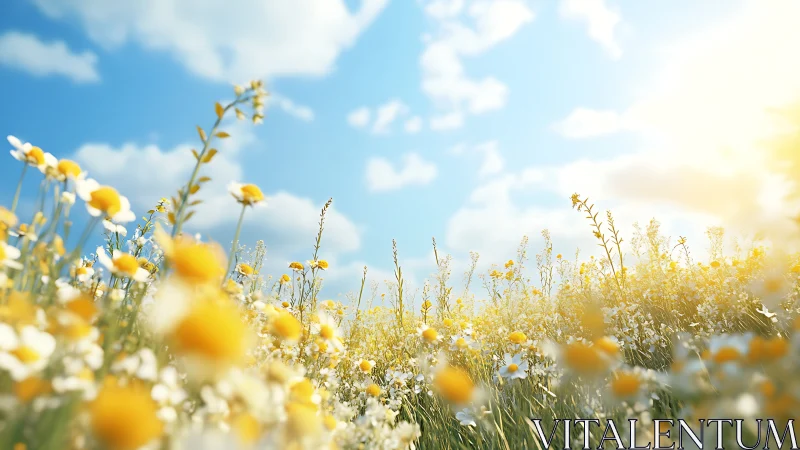 Low-angle chamomile meadow under diffuse directional sun flare.