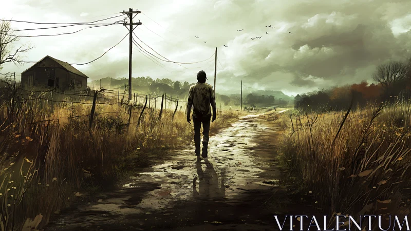 Solitary figure walks on rural dirt road under cloudy sky