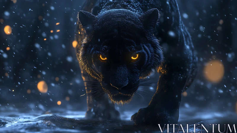 Midnight panther prowl under embers and falling snow.