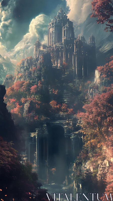 Vertical matte painting of citadel above misted canyon gorge