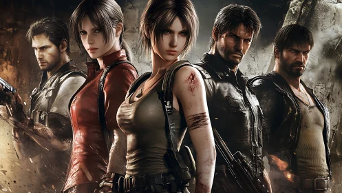 Battle-hardened squad stands united in storm-lit wasteland.