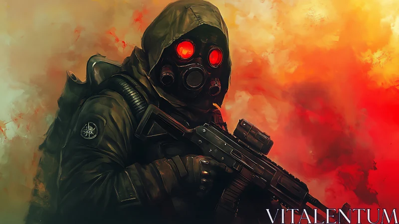 Red-eyed wasteland sentinel steadies a rifle in toxic light