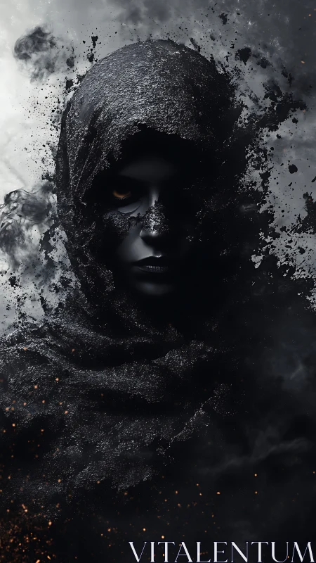 Shrouded spectral figure dissolves into volatile ash fragments