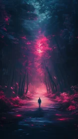 Lone wanderer strolls through glowing pink dream forest