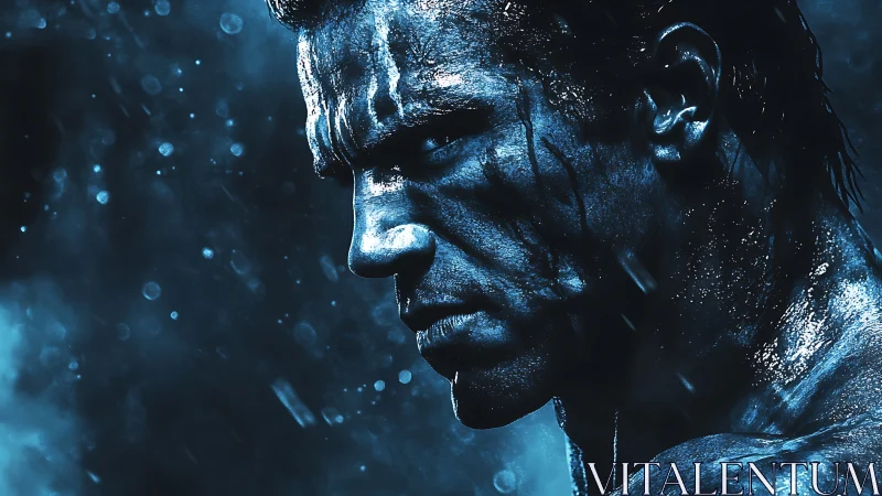 Battle-hardened warrior profile in icy cyan chiaroscuro.