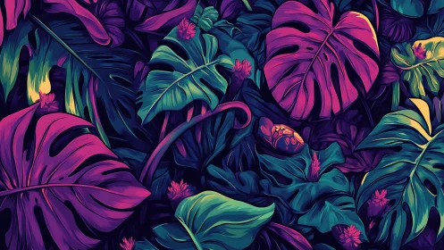 Tropical leaves and flowers rendered in vivid neon hues