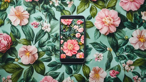 Smartphone displaying floral wallpaper on botanical print background