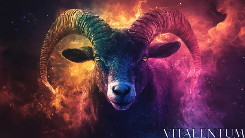 Bighorn ram portrait in neon cosmic nebula color gradients.