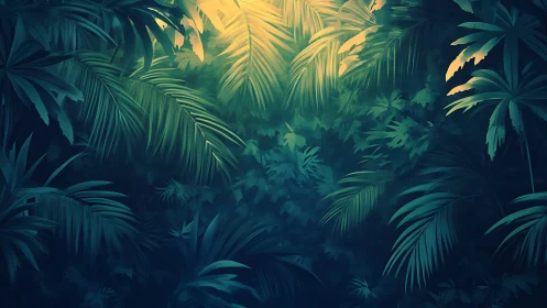 Layered jungle canopy rendering with golden sunlight filtering through palm fronds