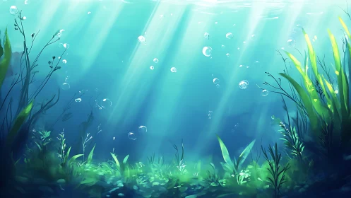 Subsurface aquatic meadow with refracted caustic light shafts.