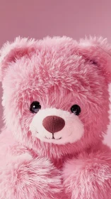 Close-up view of pink plush teddy bear on pink background.